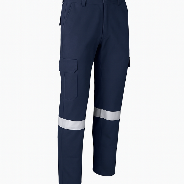 Navy blue work pants with reflective stripes on a white background