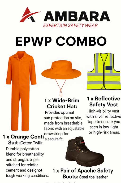 Safety wear combo with orange coverall, wide-brimmed hat, safety vest, boots, and cricket hat on a white background.