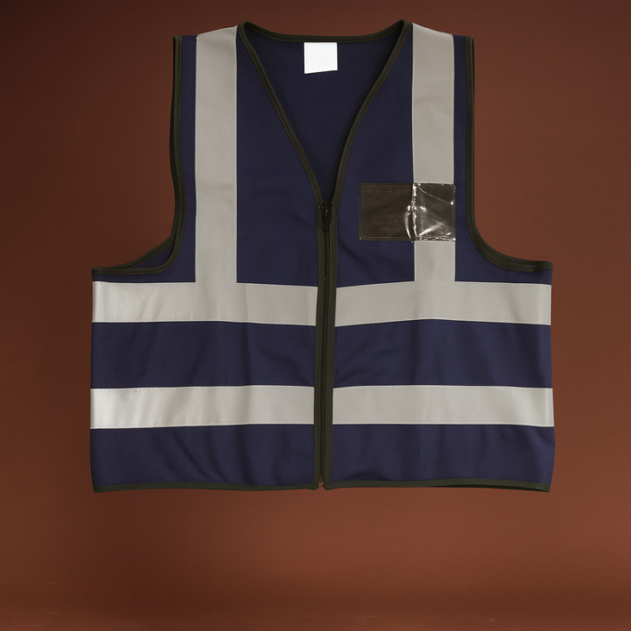 Navy and white striped safety vest on a brown background