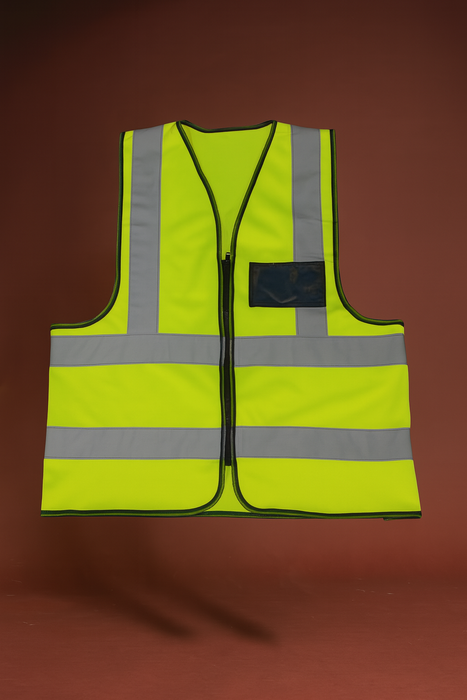 Yellow safety vest with reflective stripes on a brown background