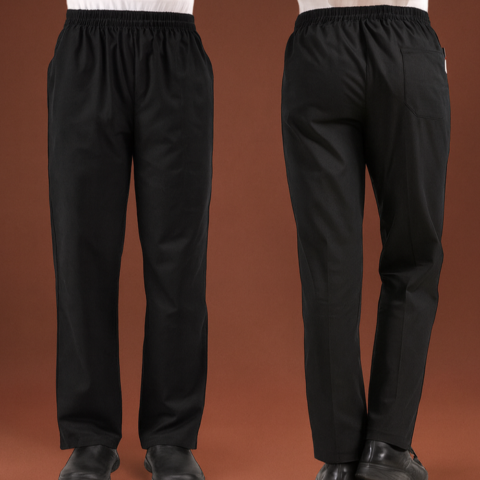 Black chef work pants displayed on a brown background with 'Chef Work Pants' text.