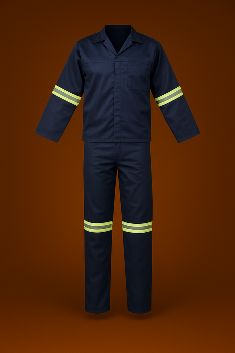 Navy blue work suit with reflective yellow stripes on a brown background